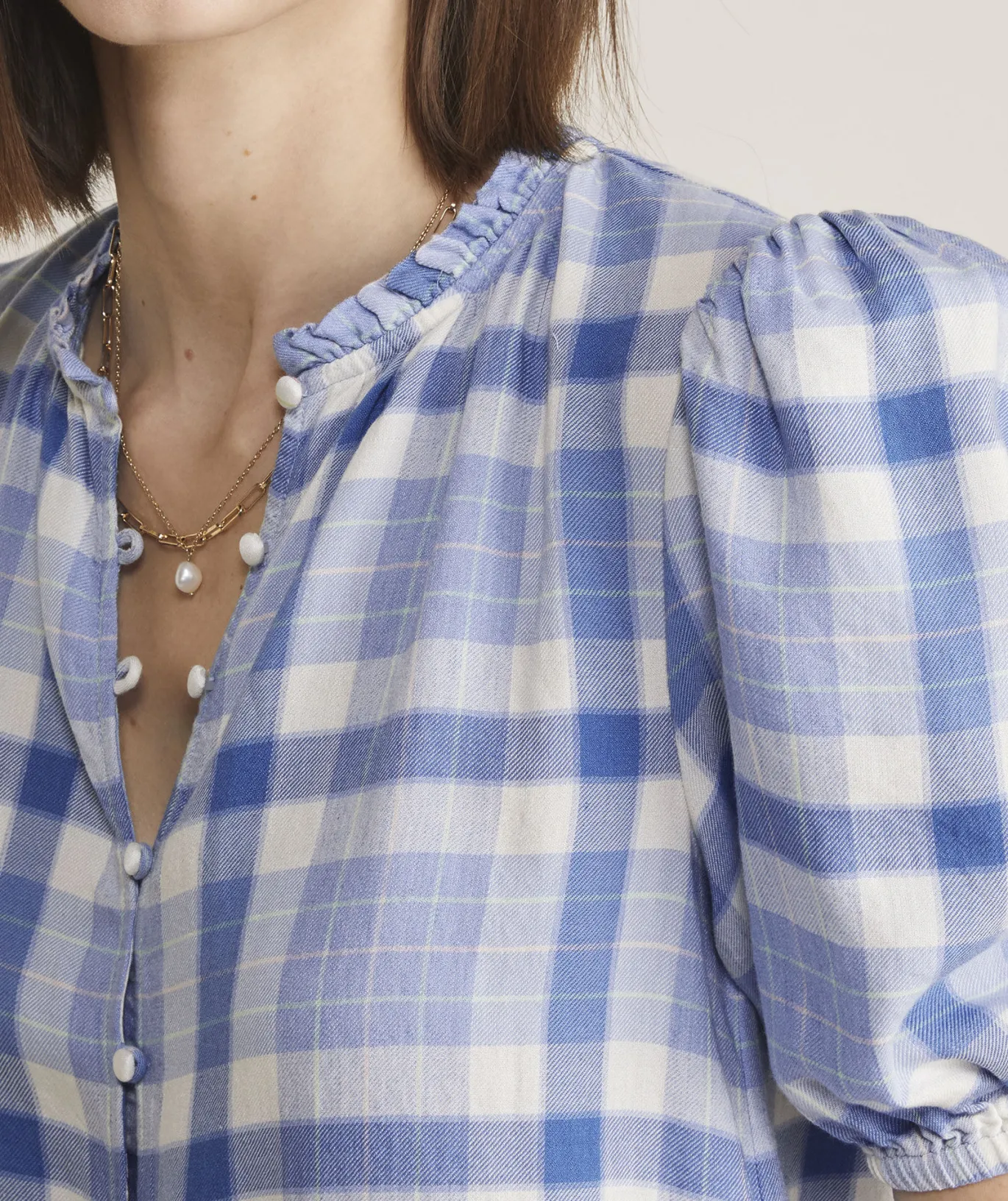 Vineyard Vines Ruffle Neck Puff-Sleeve Top DW Plaid- Calm Water Store