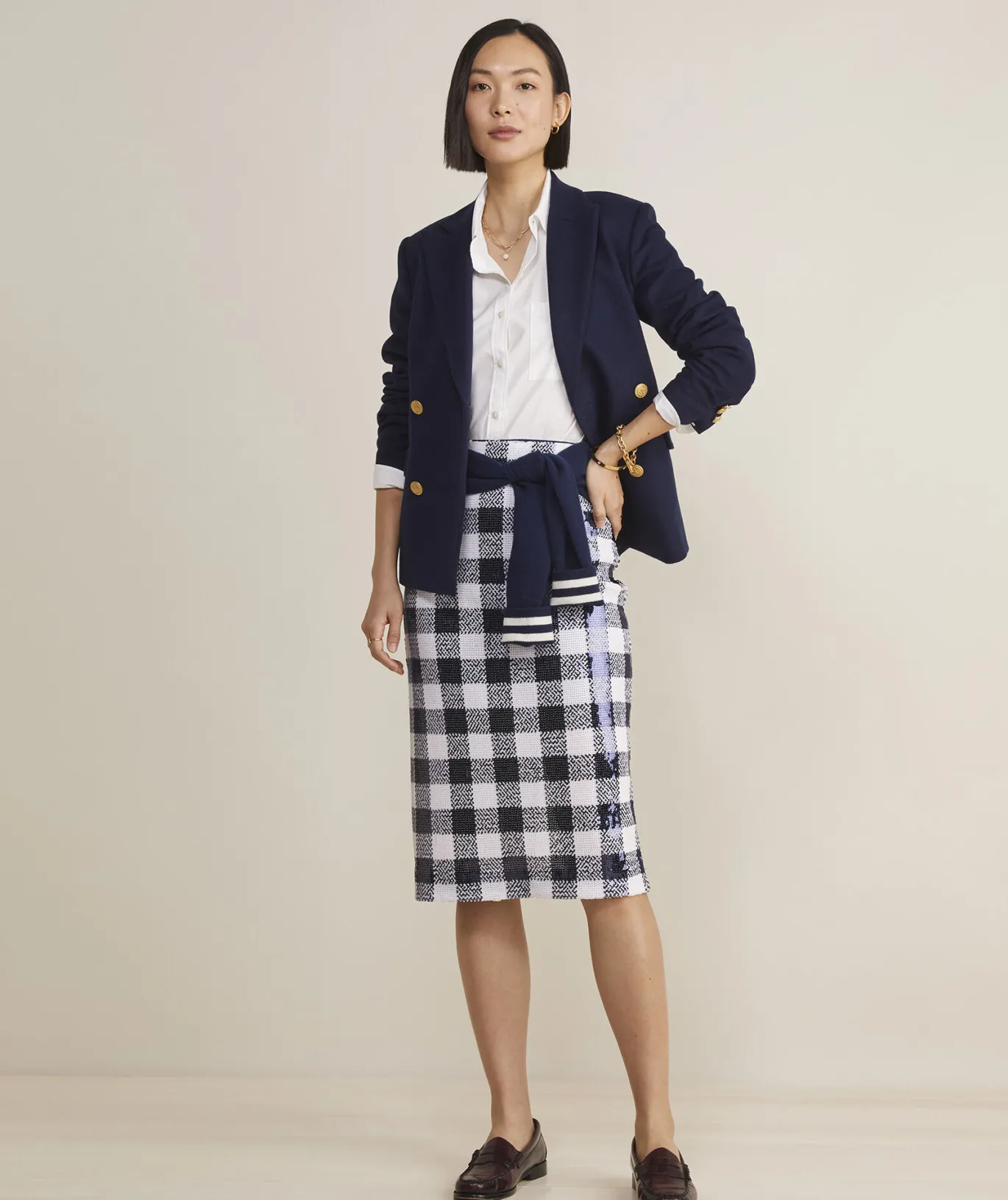 Vineyard Vines Sequin Check Midi Skirt Sequin Gingham-Navy New