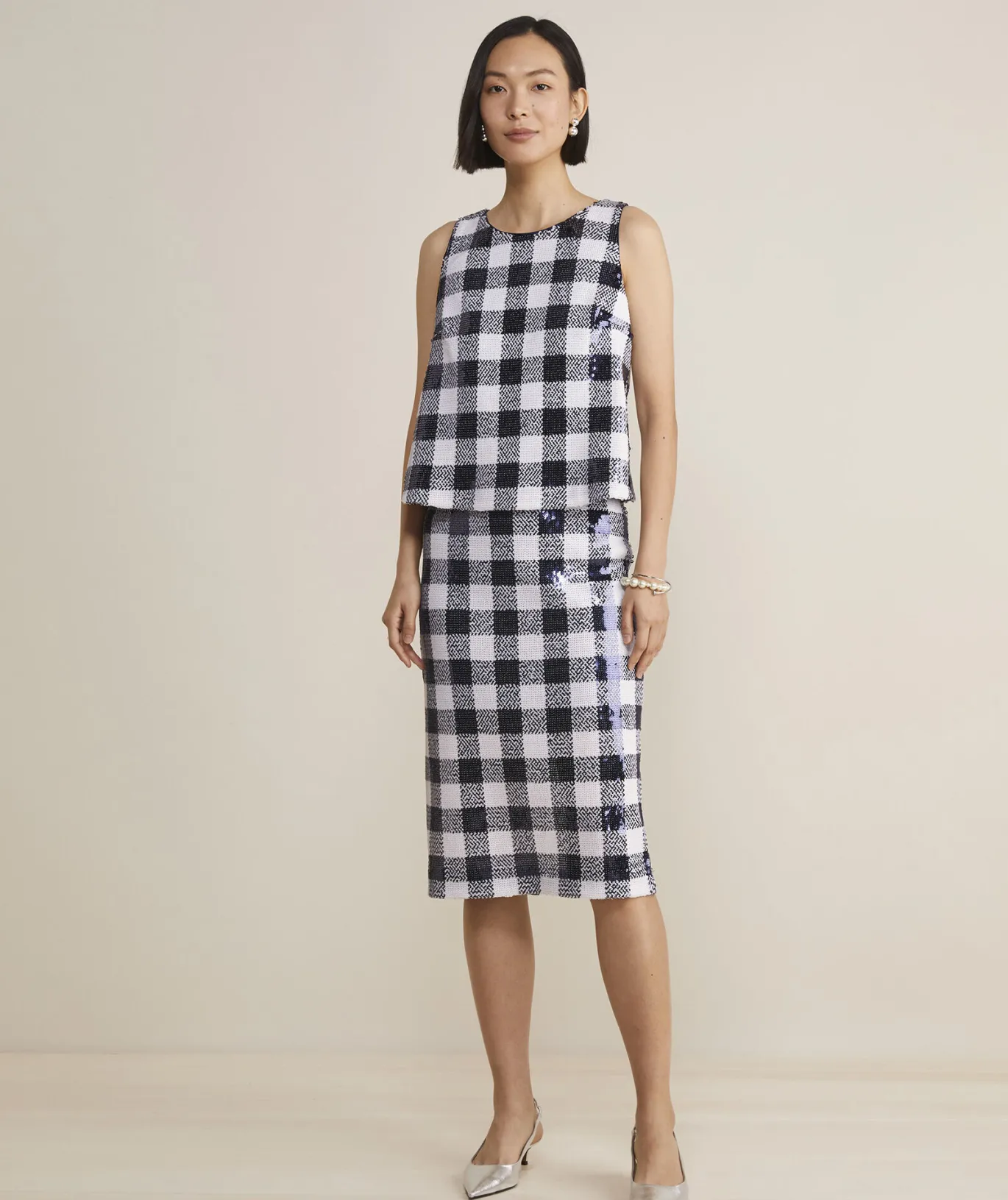 Vineyard Vines Sequin Check Midi Skirt Sequin Gingham-Navy New