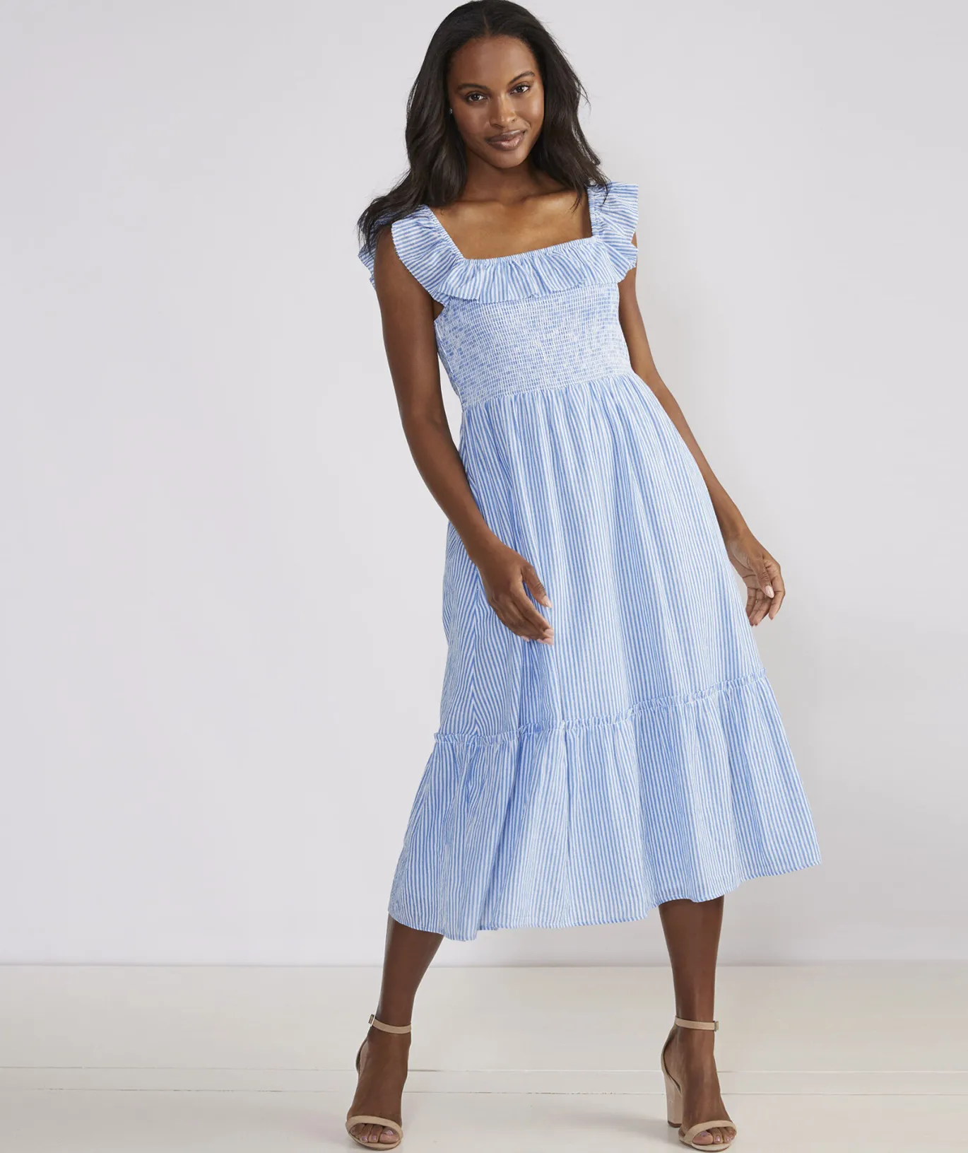 Vineyard Vines Striped Smocked Midi Dress Feeder - Hull Blue Flash Sale