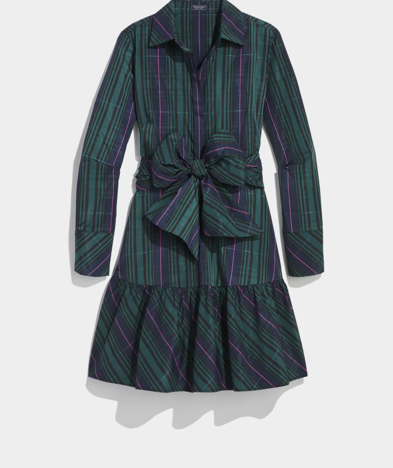Vineyard Vines Taffeta Tie-Waist Blackwatch Shirtdress Blackwatch Pink Pop Best
