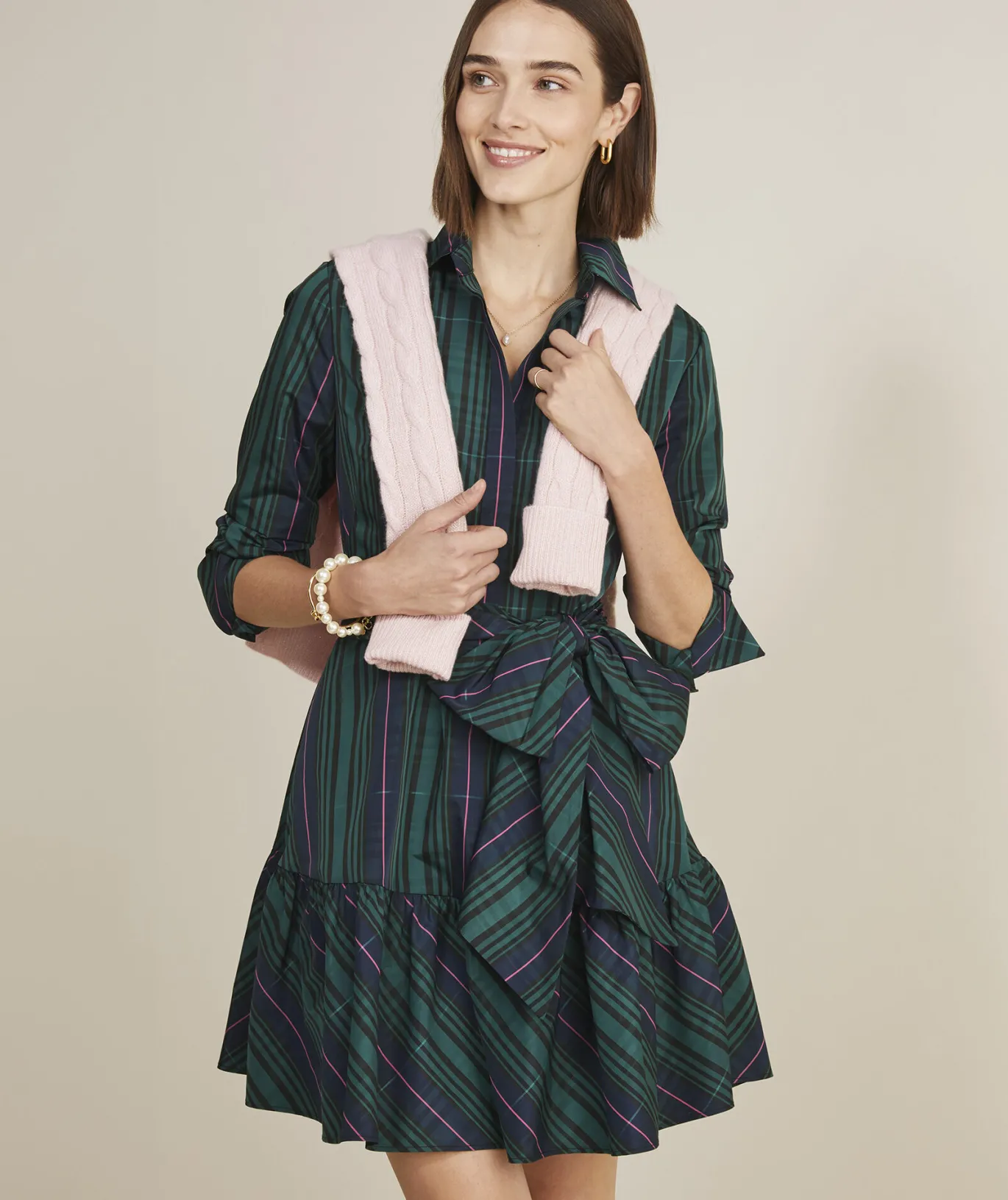 Vineyard Vines Taffeta Tie-Waist Blackwatch Shirtdress Blackwatch Pink Pop Best
