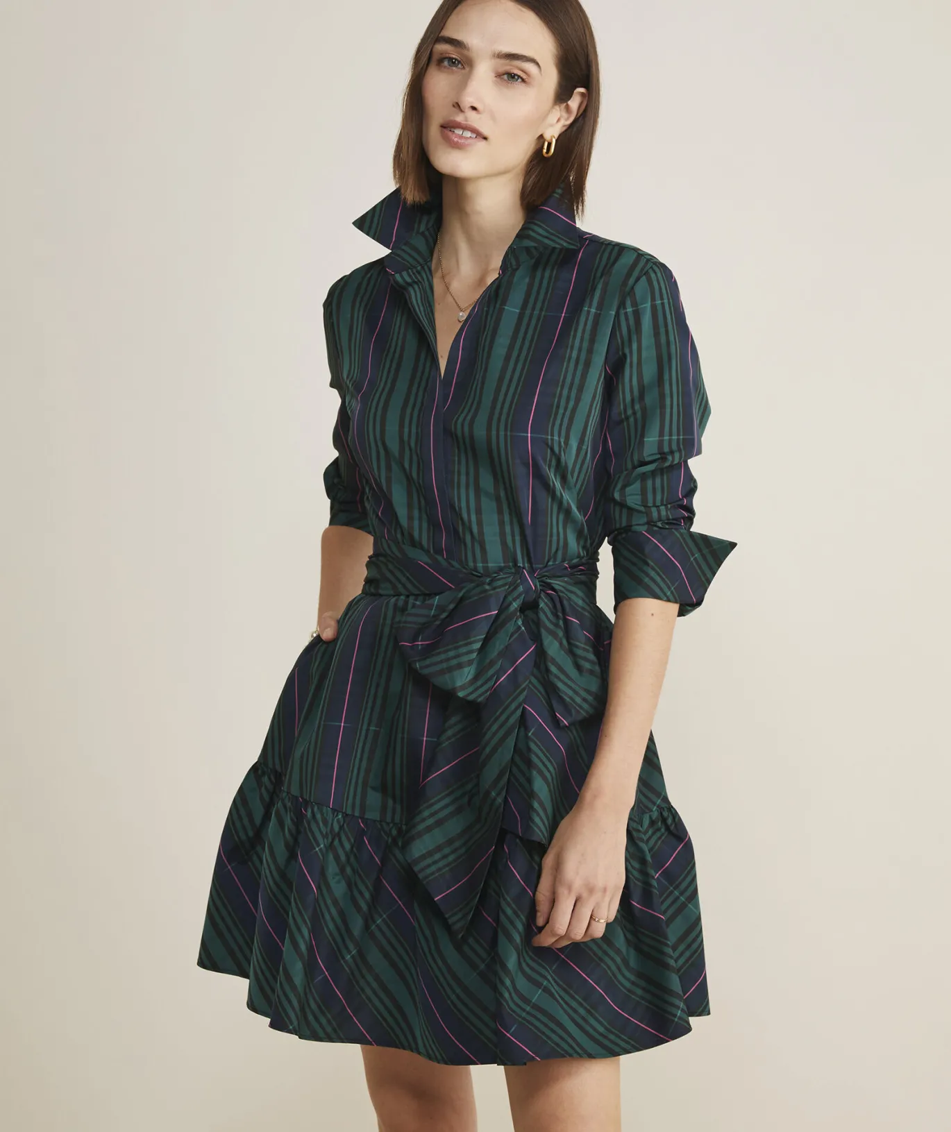 Vineyard Vines Taffeta Tie-Waist Blackwatch Shirtdress Blackwatch Pink Pop Best
