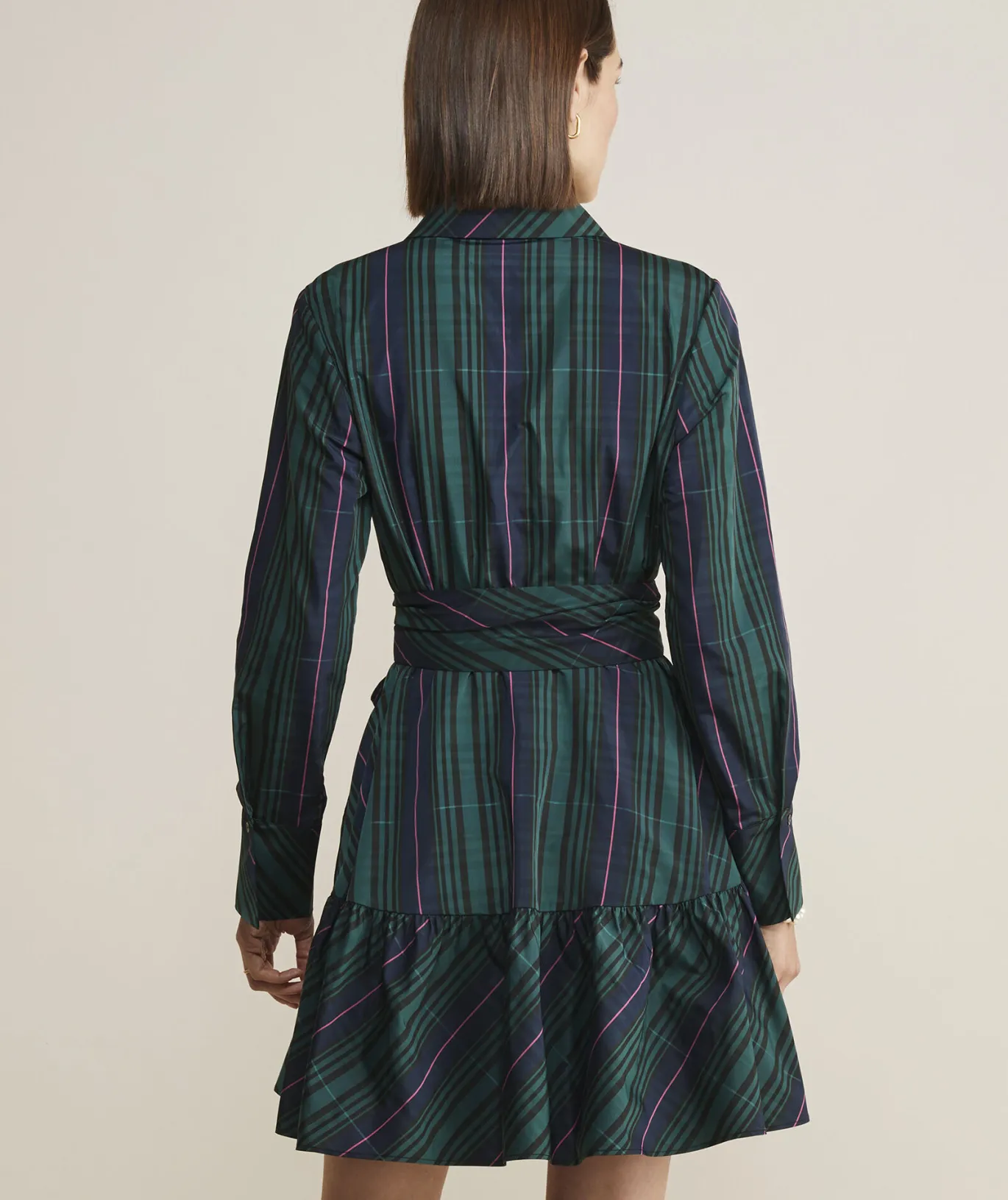 Vineyard Vines Taffeta Tie-Waist Blackwatch Shirtdress Blackwatch Pink Pop Best